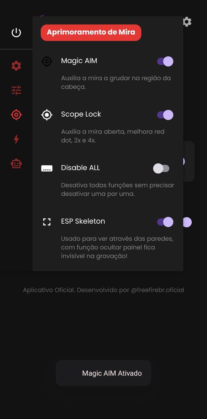 Tela Aprimoramento de Mira do app GARENA TOOLS